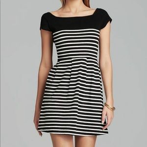 French Connection Black Dress with White Stripes, cut out back, size 10